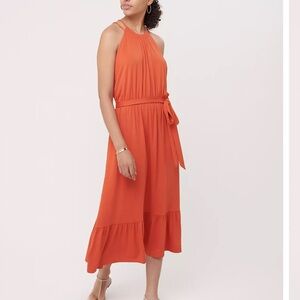 Loft Orange Flounce Halter Sleeveless MIDI Tank Dress Tie Waist